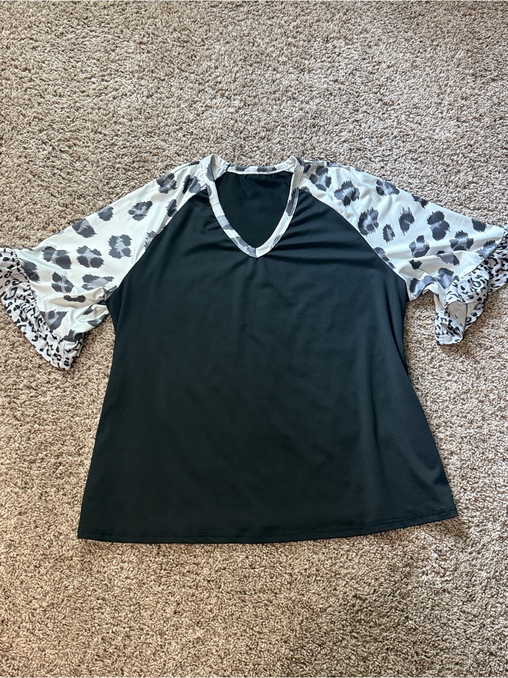Plus-Size Black Top with White Leopard Raglan Sleeves